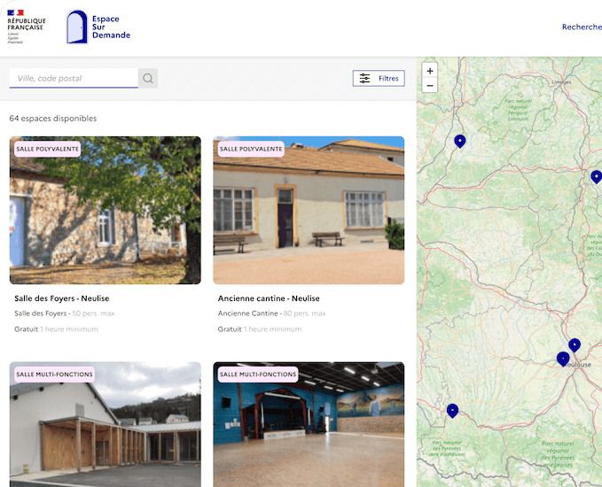 Illustration de la plateforme Espace sur Demande : page de recherche d’espace accompagnée d’une cartographie de la localisation des espaces